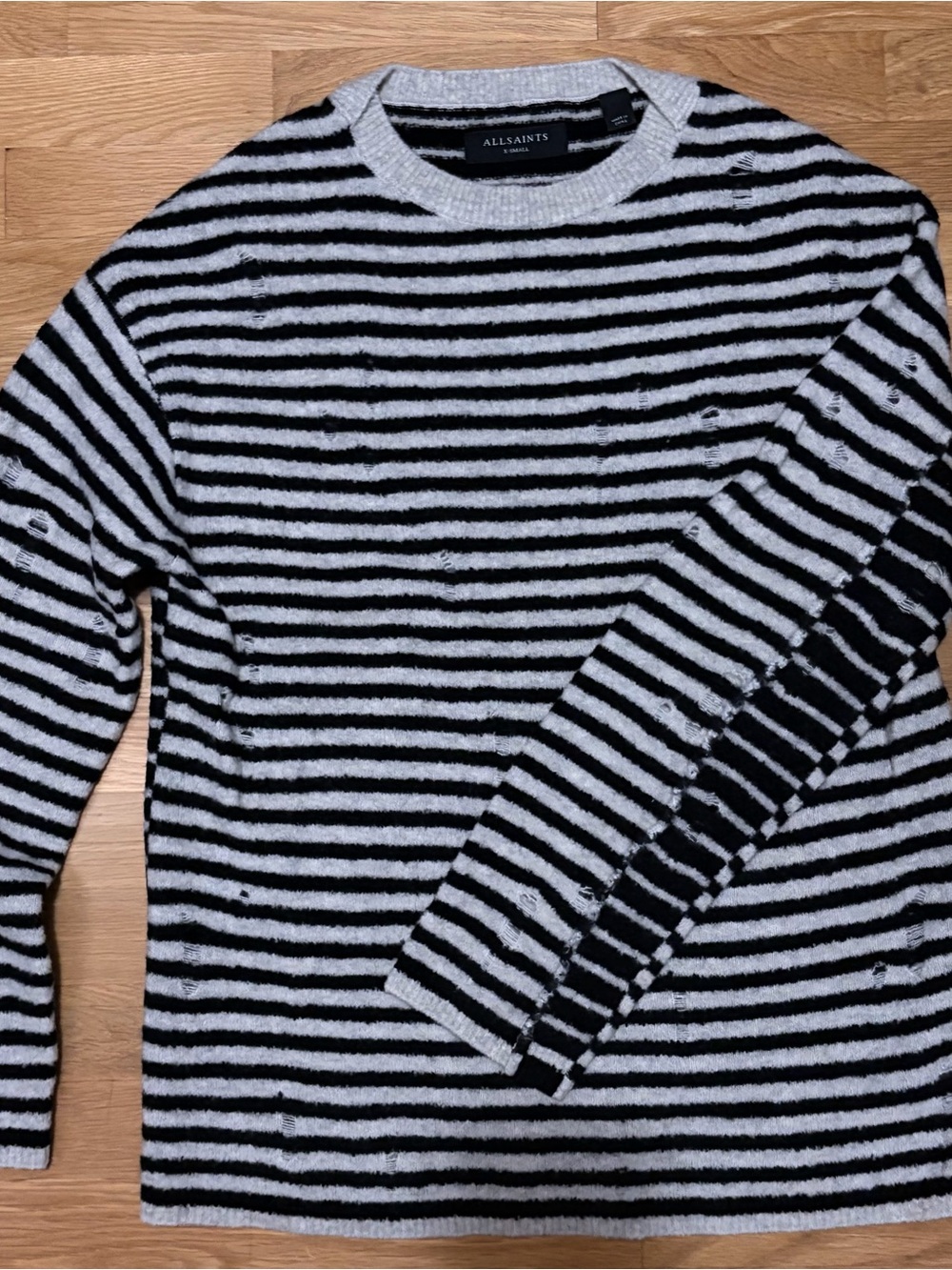 AllSaints Black and White Striped Crewneck Sweater